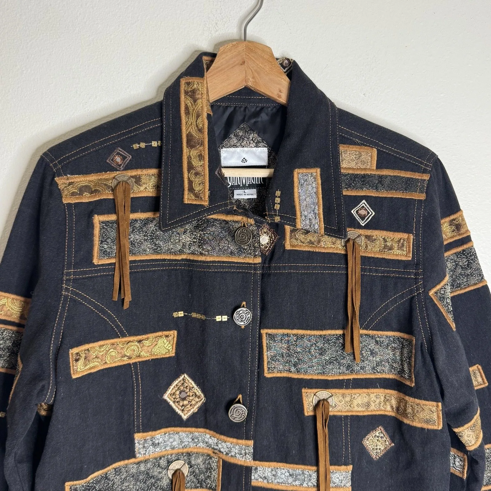 Yak Magik Jacket Womens Large Black Boho Embroidered Western Tassel Nepal Unique - Image 3