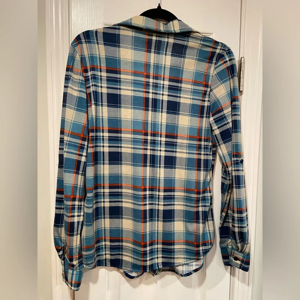 Bella D Size S Cream Blue Plaid Long Sleeve Button Down Flannel Shirt Pockets - Image 9