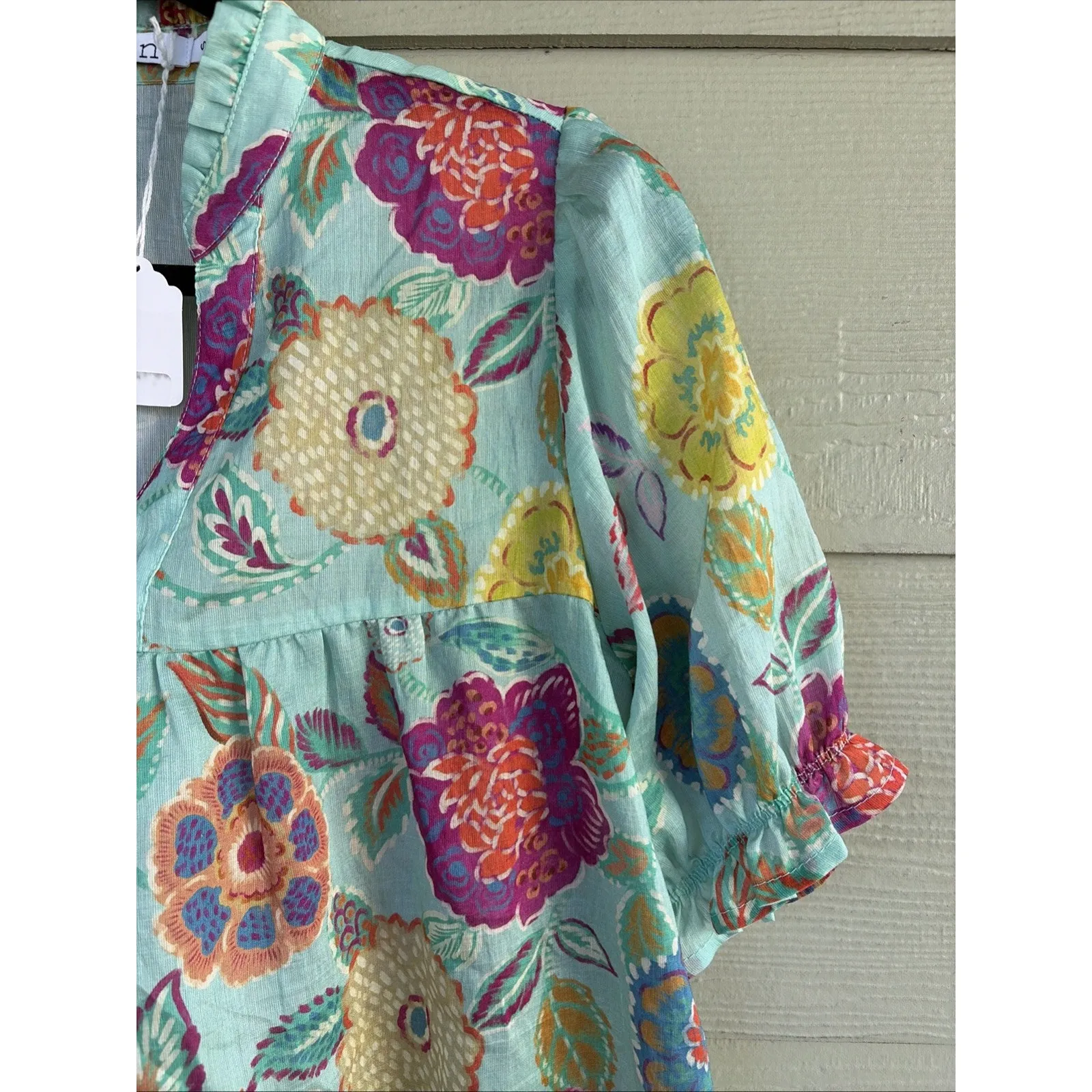 Finn Floral Flower Vneck Tencel Nylon Linen Blend Blouse Top Shirt Small NEW NWT Blue - Image 2
