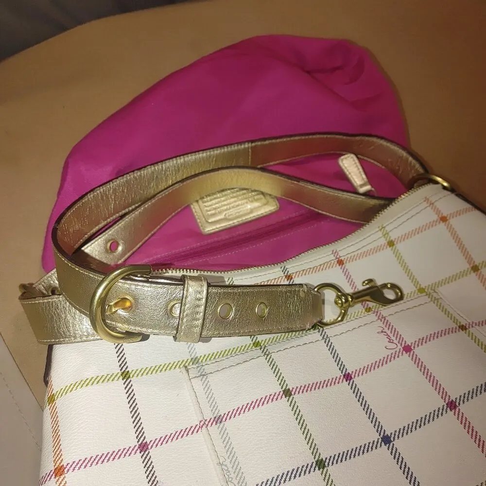 Coach Signature Crossbody Bag White Multicolor Plaid With Gold Accents & Pink In - Image 10