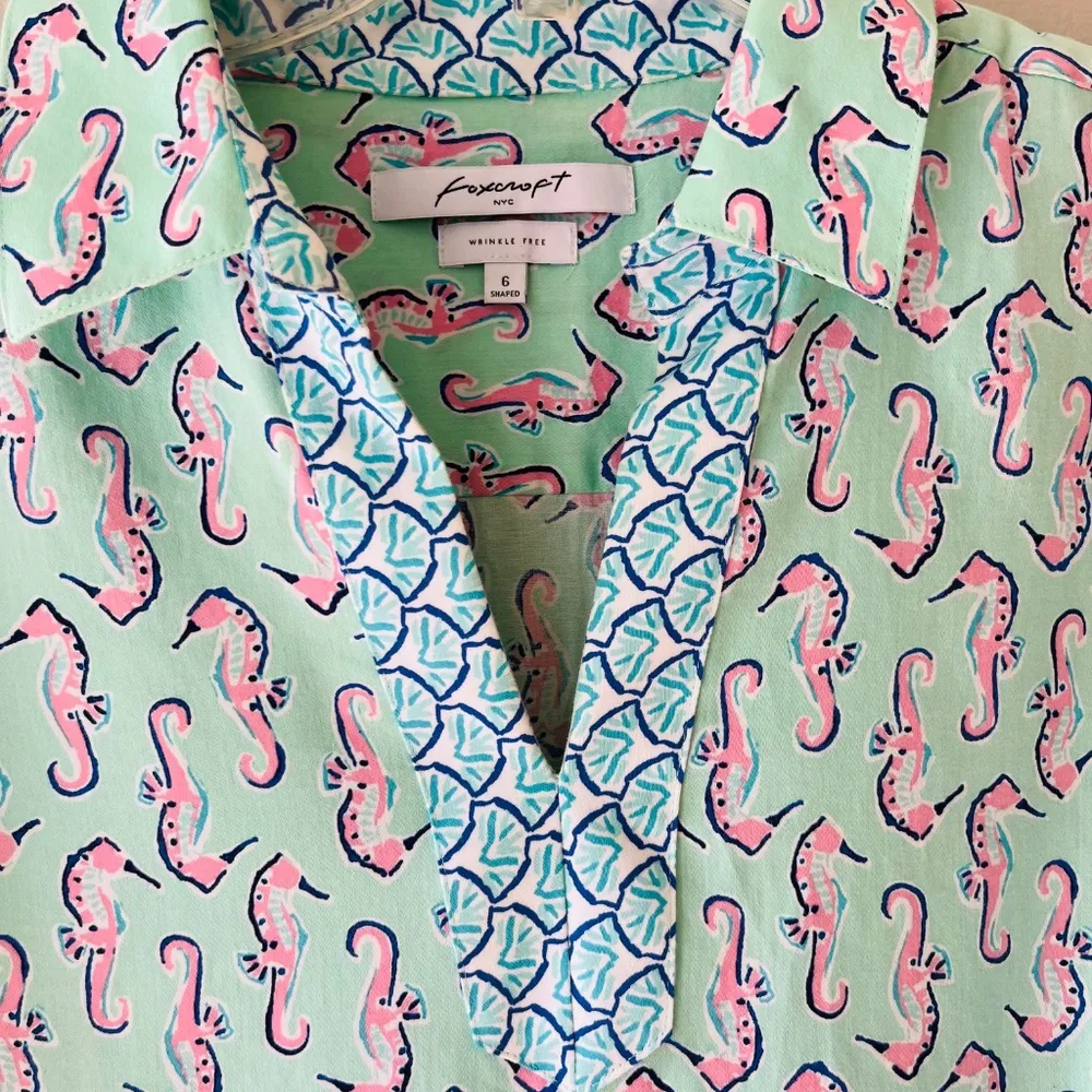 Foxcroft Sz 6 Seahorse Wrinkle‎ Free Fitted Shaped Shirt V Neck Turquoise Blouse - Image 6