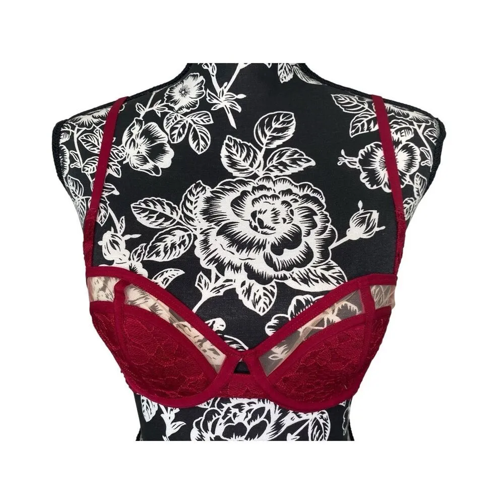 Cutout Balconette 34A Push Up Bra Lace Floral Sexy Coquette Sheer Red Size undefined - Image 2