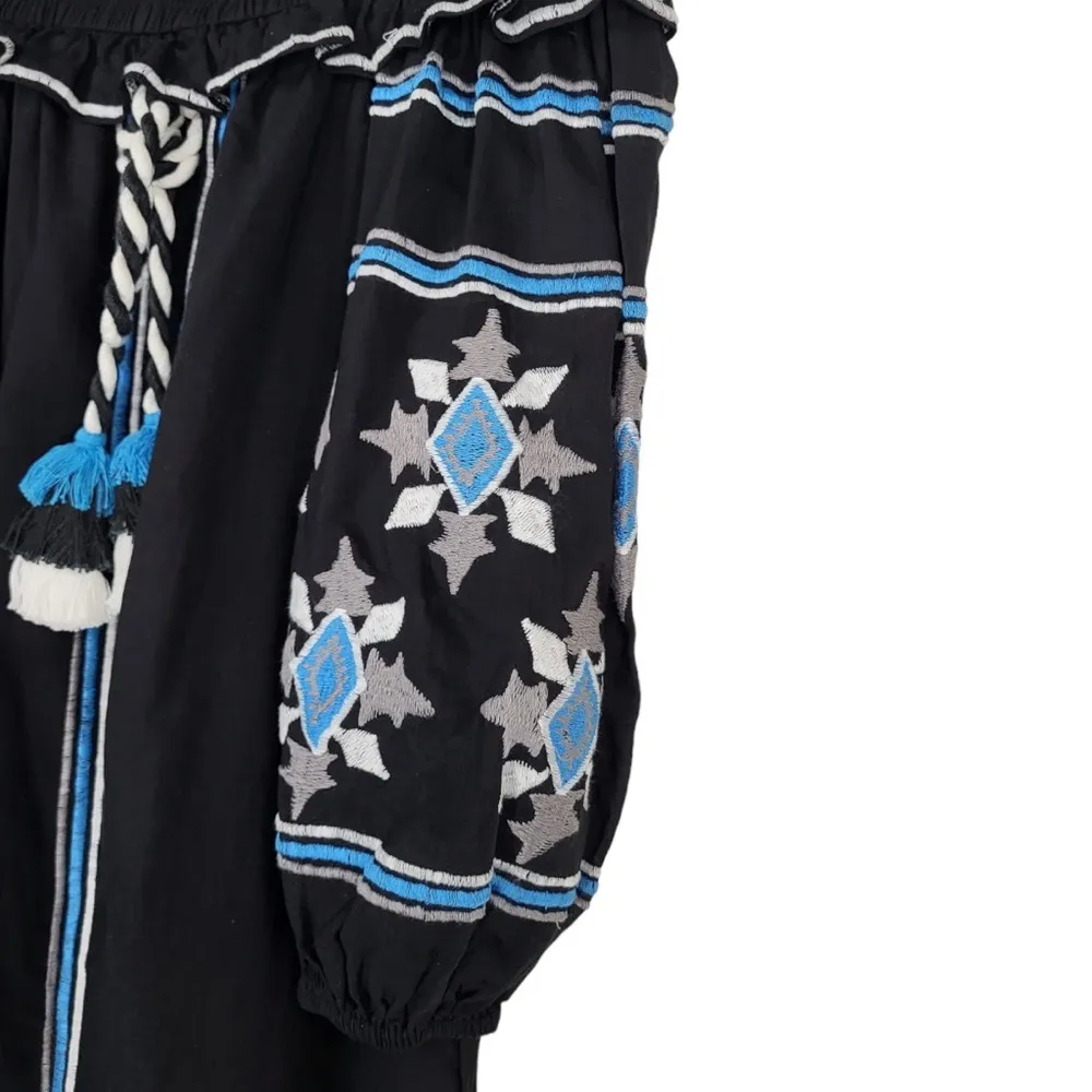 MISA Natalie Off The Shoulder Embroidered Mini Dress in Black/Blue/White - Image 5