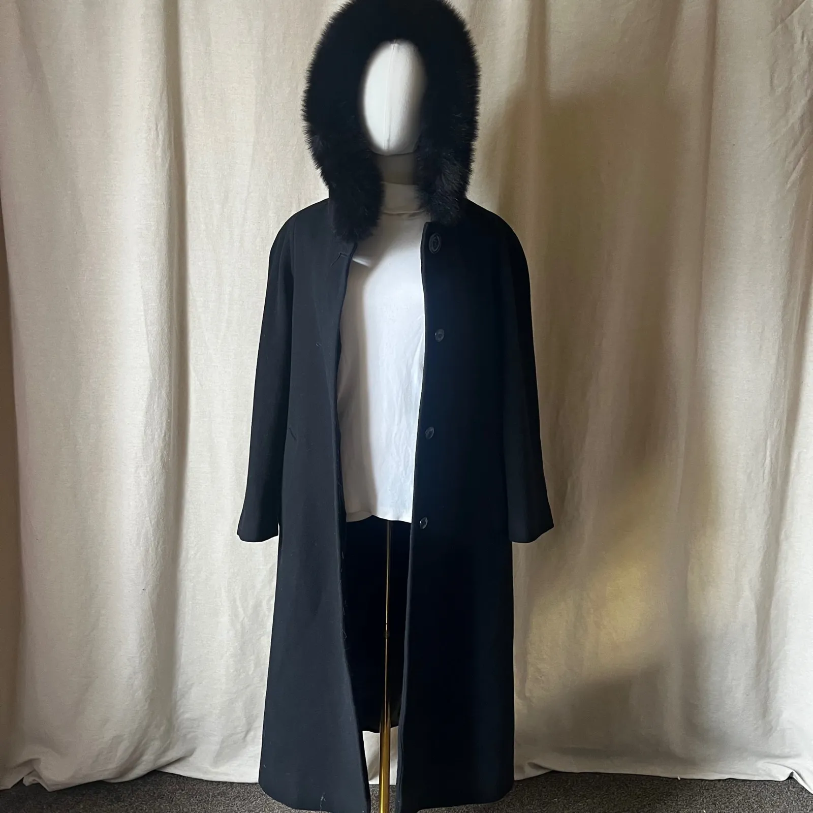 Vintage Kristen Blake Black Wool Cashmere Coat Fox Fur Hooded Coat Size 10P - Image 6