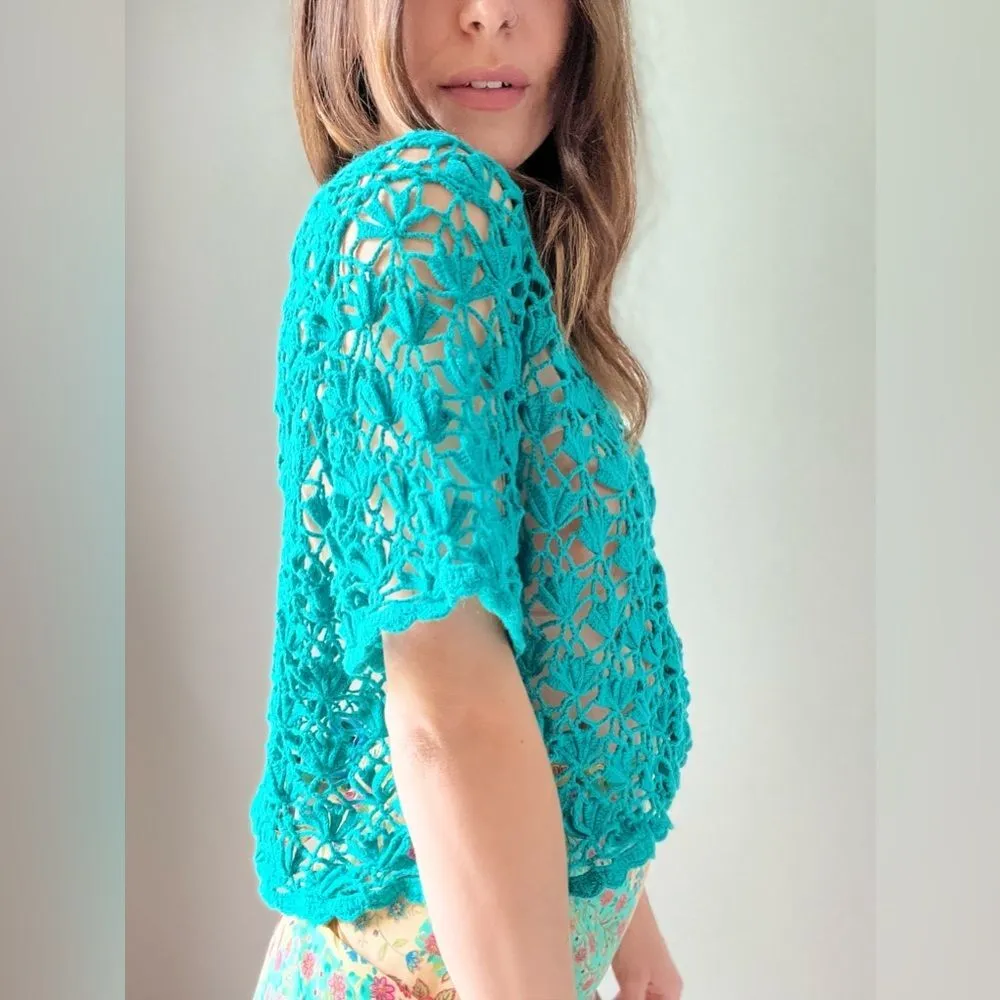 Jessica London Cropped Crochet Blue Short Sleeve Cardigan - Image 2