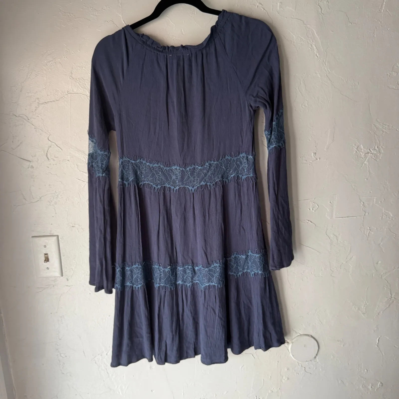 SOCIALITE Womens Navy Blue Lace Tiered Ruffle Long Sleeve Dress XS Boho Fairy - Image 7