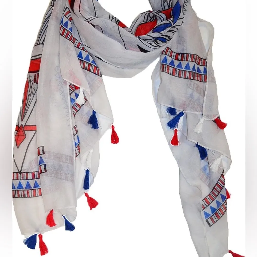 Féria Mode Red White and Blue Lightweight Tassel Shawl Scarf Wrap Sarong - Image 5