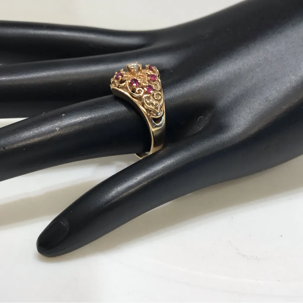 10K SOLID YELLOW GOLD GENUINE DIAMOND AND RUBY FILAGREE RING (6.75) Red - Image 8