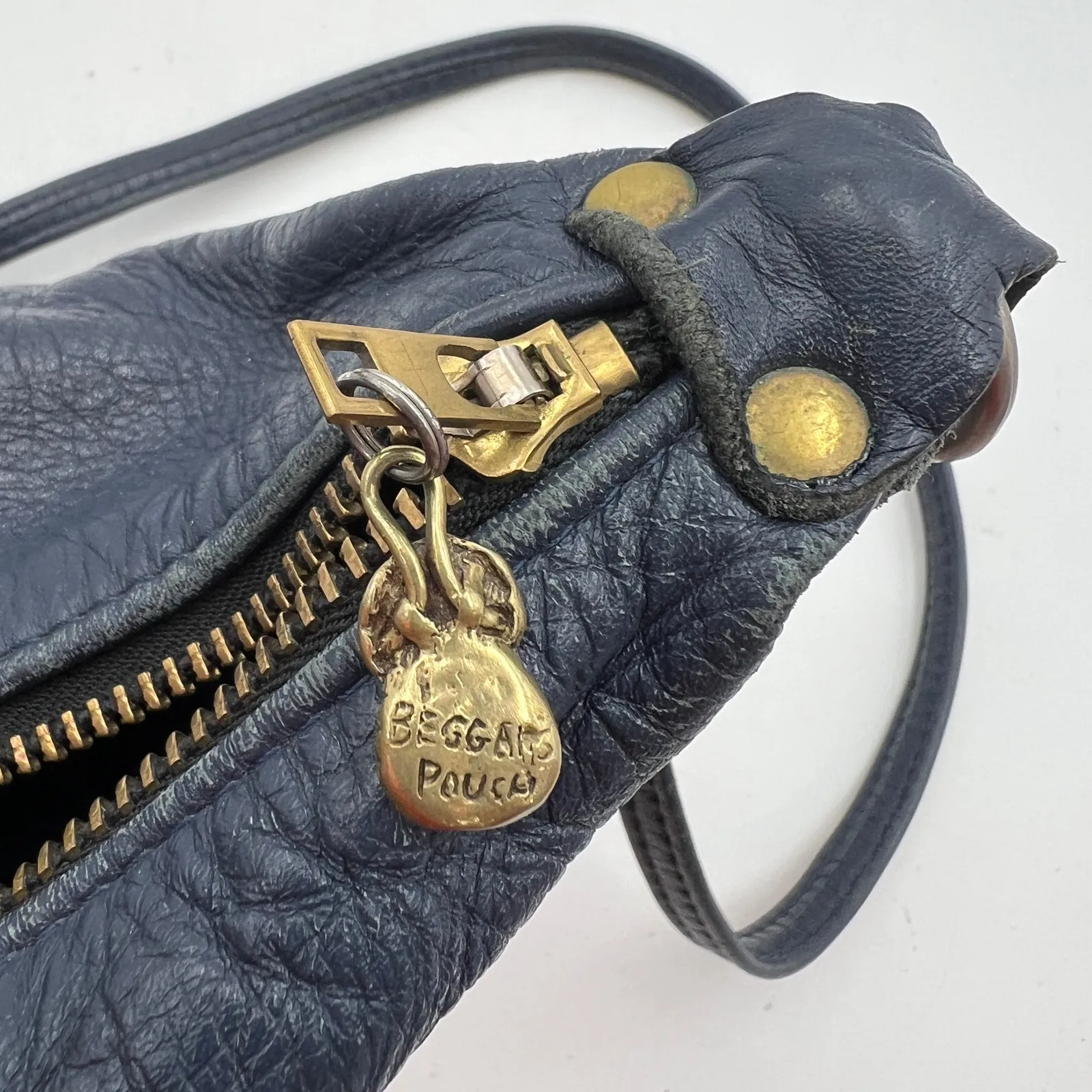 Begger's Pouch Small Leather Purse Navy Blue Shoulder Bag - Image 5