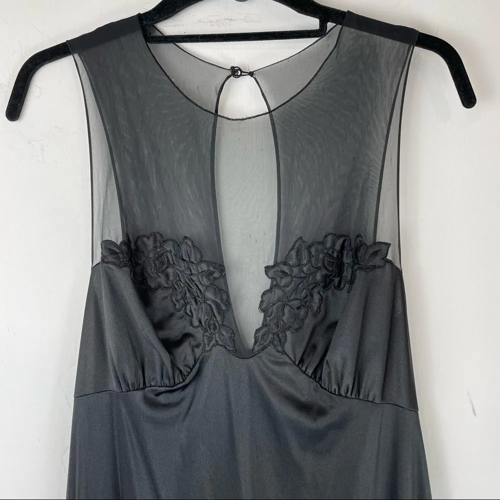 Vintage Vanity Fair Black Satin Maxi Dress Floal Bust Mesh Sz 38 Small Y2K - Image 3