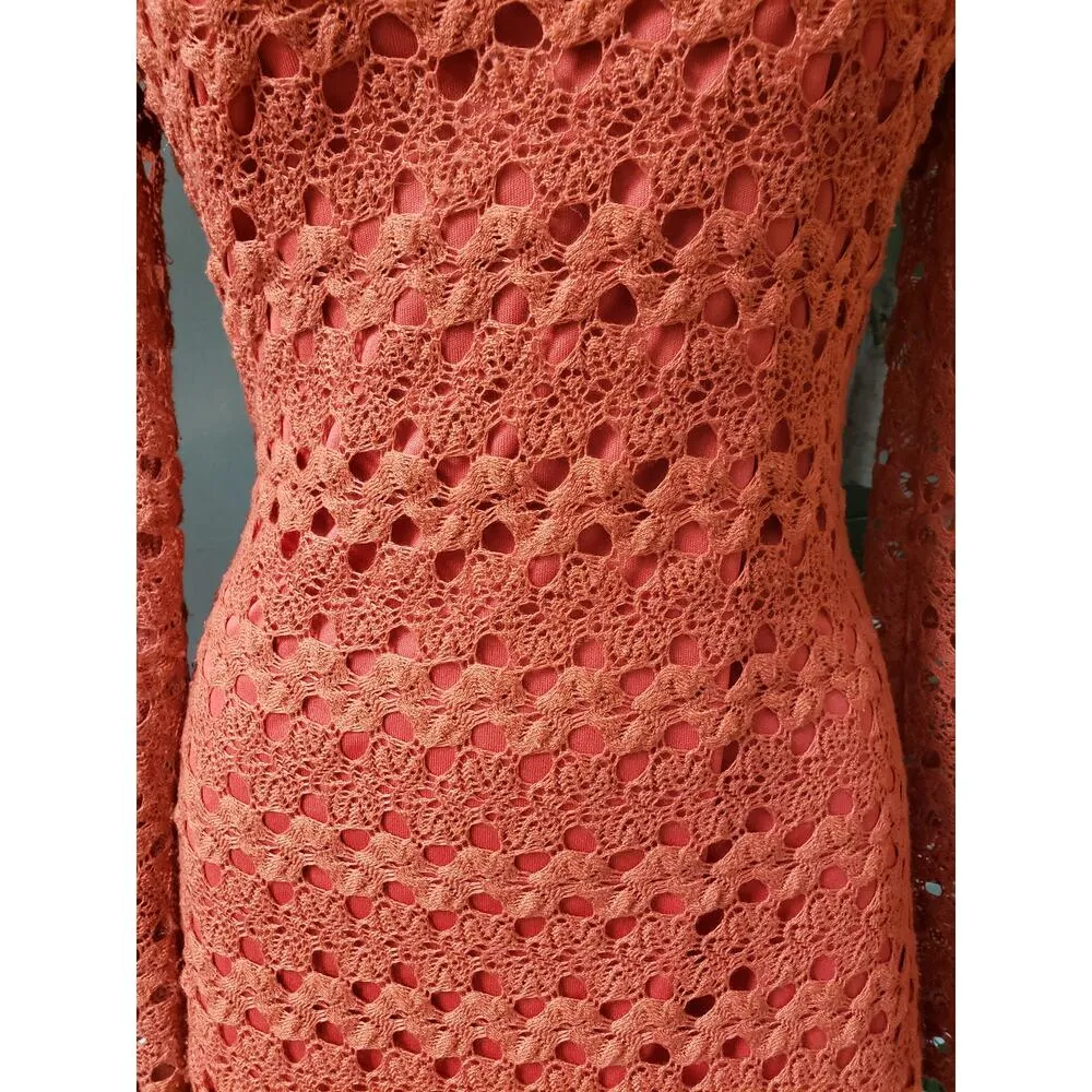 Basically Me Crochet Dress Womens Small Pink Lined Cotton Long Sleeve Round Neck - Image 11