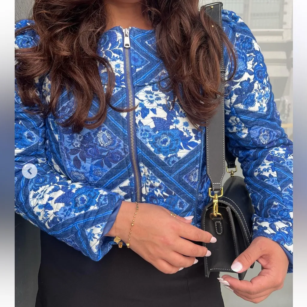 Quilted zip up jacket cropped floral block print boxy toile print grandmillenial - Image 2