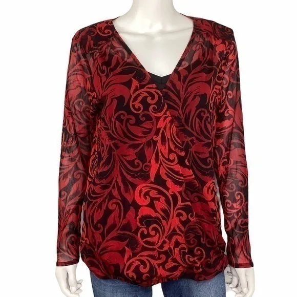 INC International Concepts NEW Red Black Sheer Filigree Wrap Blouse Top Size 1X - Image 2