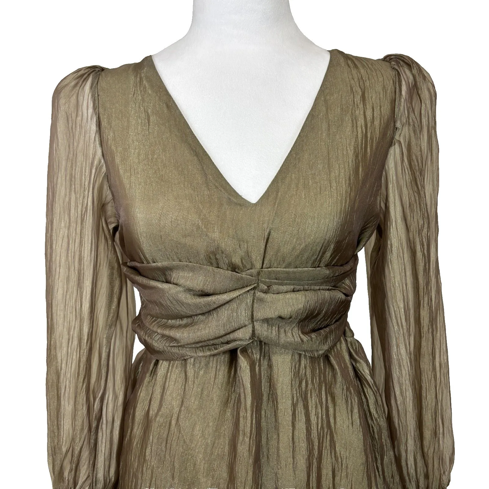 Sheer Crinkle Tiered Maxi Dress Women's S Khaki Ethereal Romantic Coquette Chic Size L - Image 4