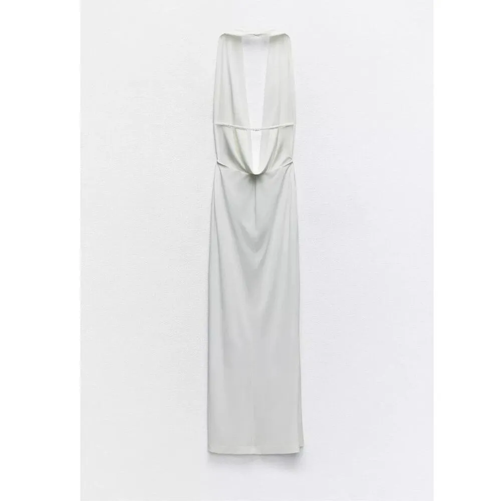 NEW Zara Long Draped Halter Dress Cowl Neckline White Size Small 8342/341 HTF - Image 3