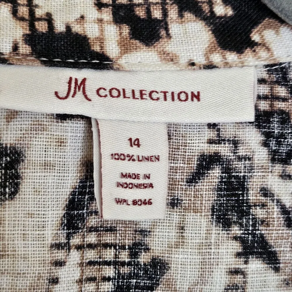 JM Collection Linen V-Neck Button Down Shirt Womens Size 14 Ruched Sleeve Brown - Image 3
