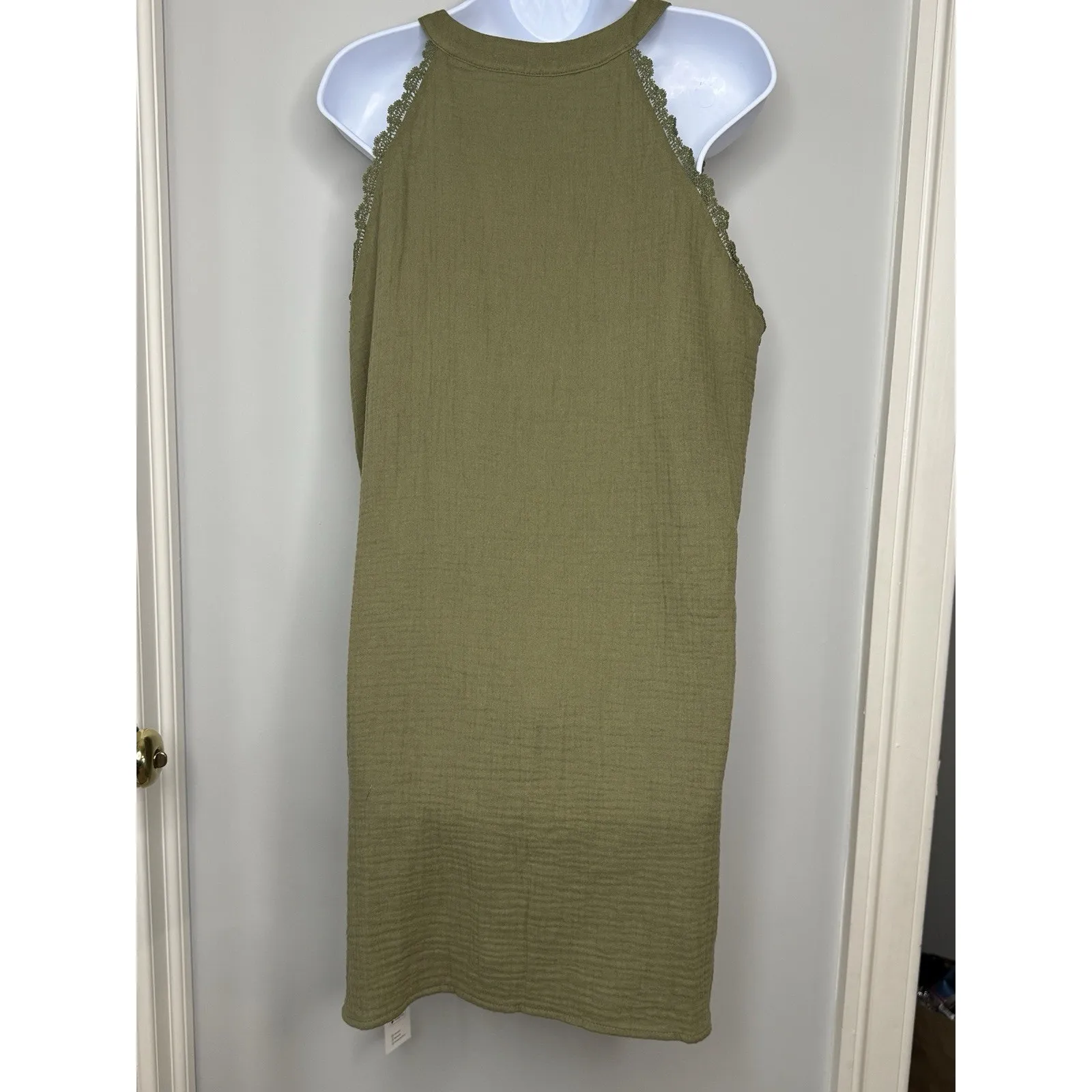 Cupshe Sage Contrast Lace Cover-Up Dress L Green Gauzy 100% Cotton Summer Sheath - Image 6