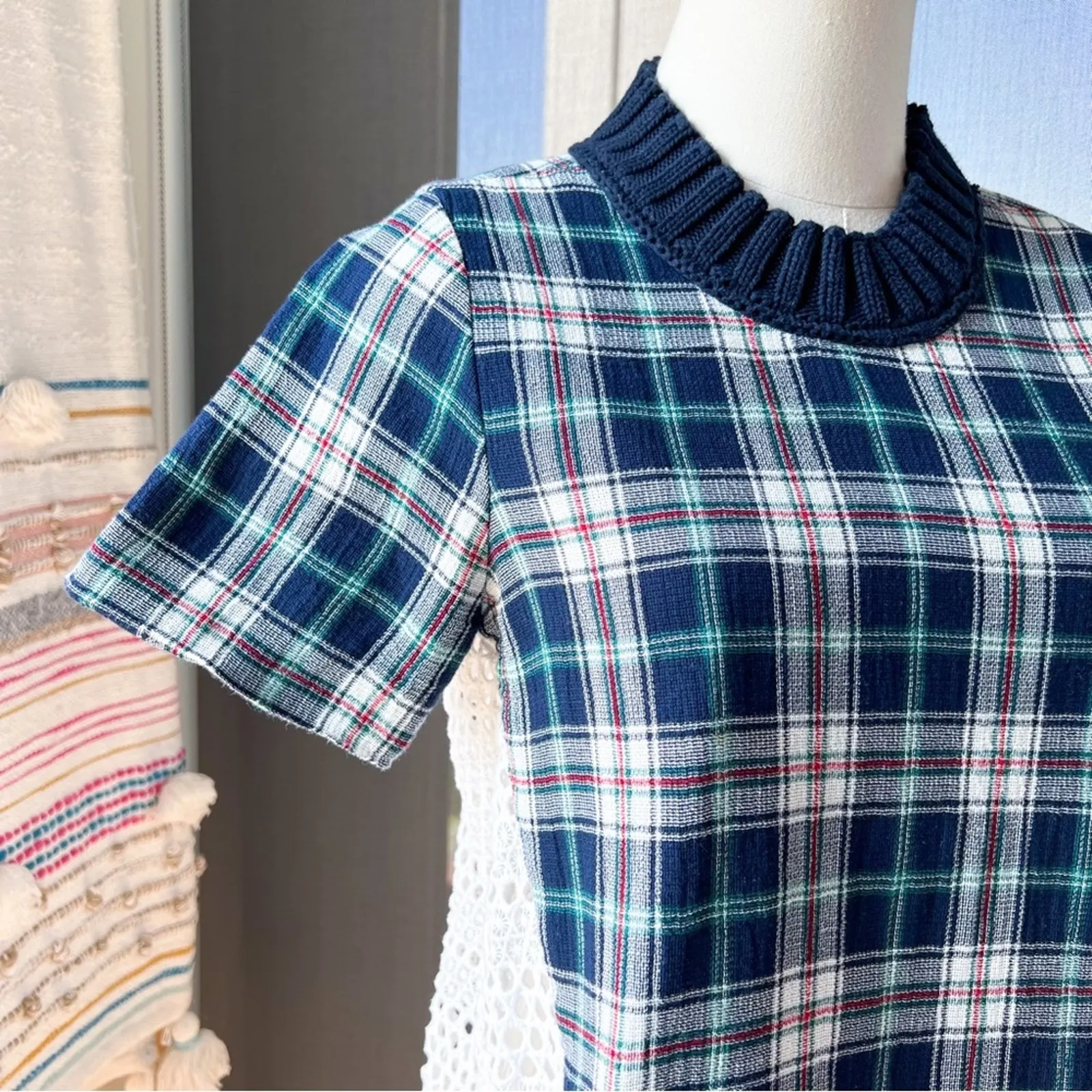 Sea New York Blue White Plaid Crochet Knit Short Sleeve Top Women’s Size Small - Image 2