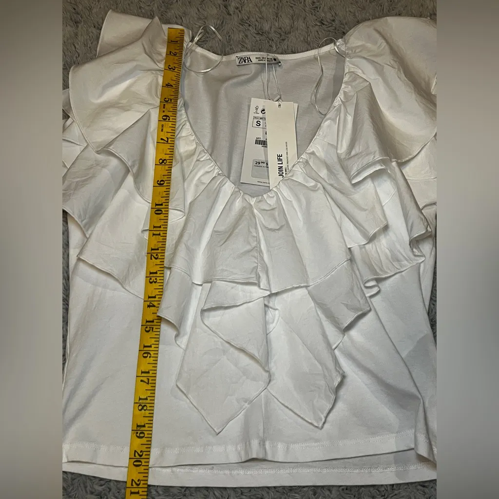 Zara White ruffled Top Size S 100% Cotton - Image 8