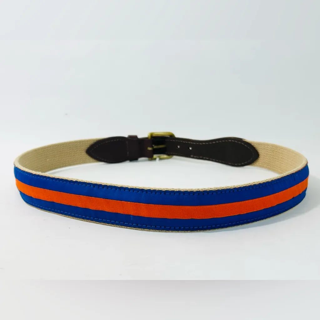 Jardine Ribbon Belt Orange and Blue Stripes with Beige Canvas and Brown Leather - Image 6
