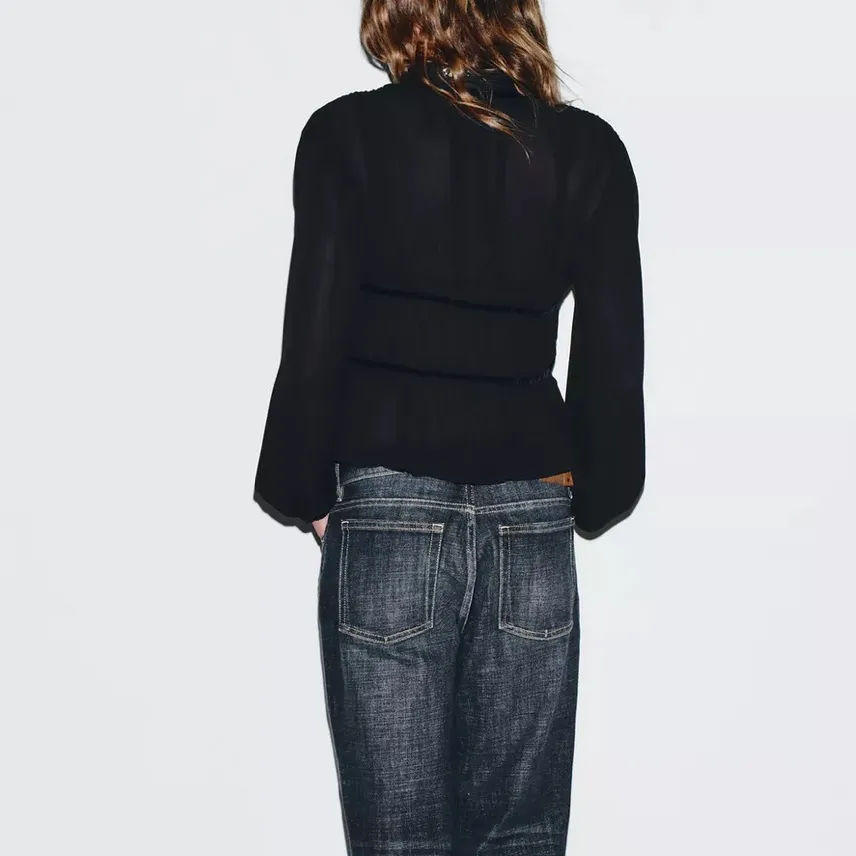 Zara NWT black bow tie front long sleeve cardigan top georgette style blouse - Image 6