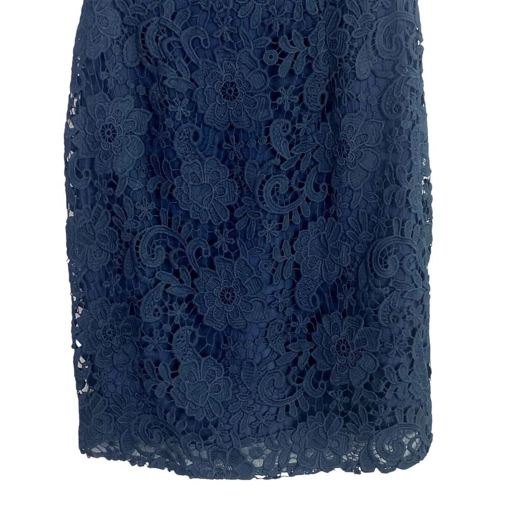 J.Crew Sleeveless Floral Lace Sheath Mini Dress Key Hole Back Zip 00 Navy Blue - Image 4