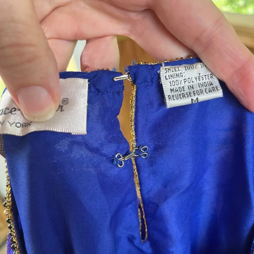 Laurence Kazar Vintage Royal Blue Beaded 100% Silk Evening Blouse Size M - Image 7