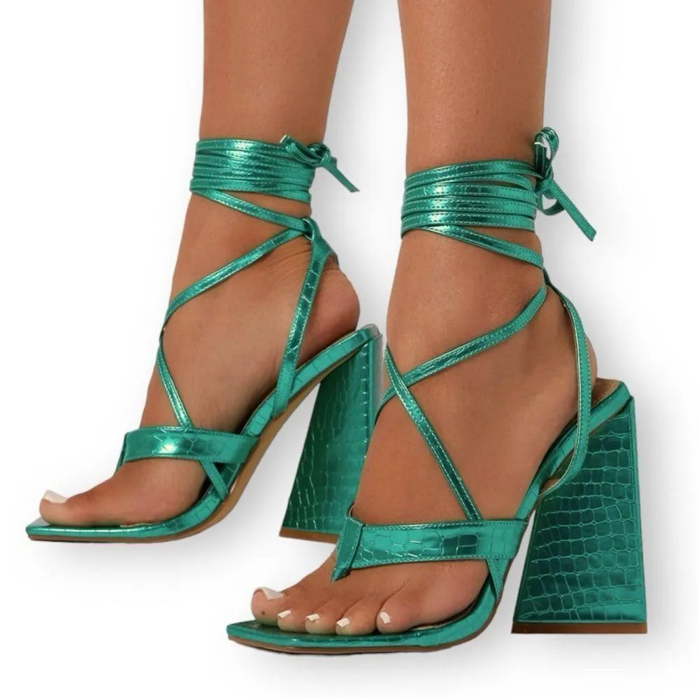 EGO Salma Teal Green Metallic Croc Pyramid Heel Tie Sandals Size 5 - Image 10