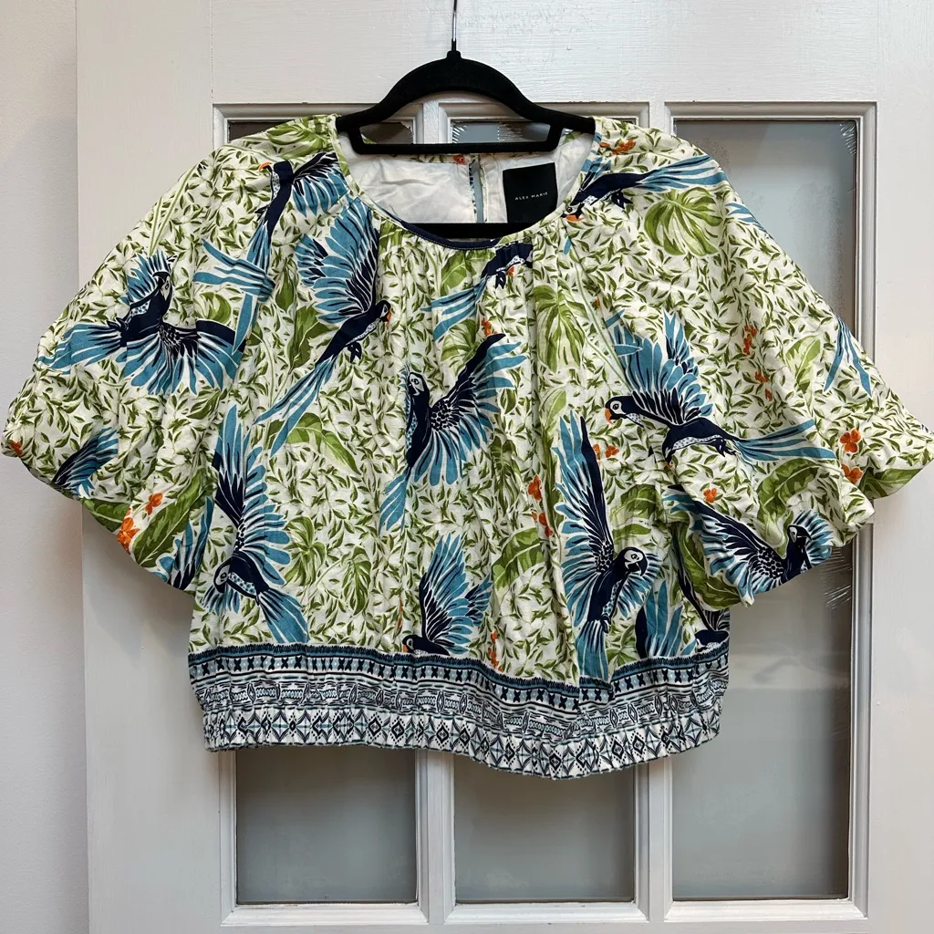 Alex Marie Linen Tropical Boho Blouse Bondi Parrot Birds Under the Palms Size XL - Image 2