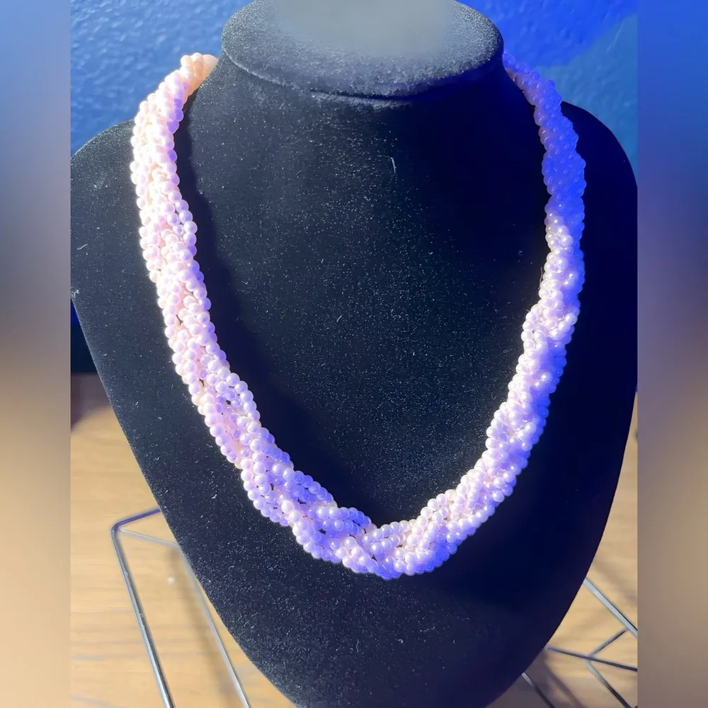 Exquisite 6 Strands of Braided Mini Pink Pearls Choker Necklas - Image 2
