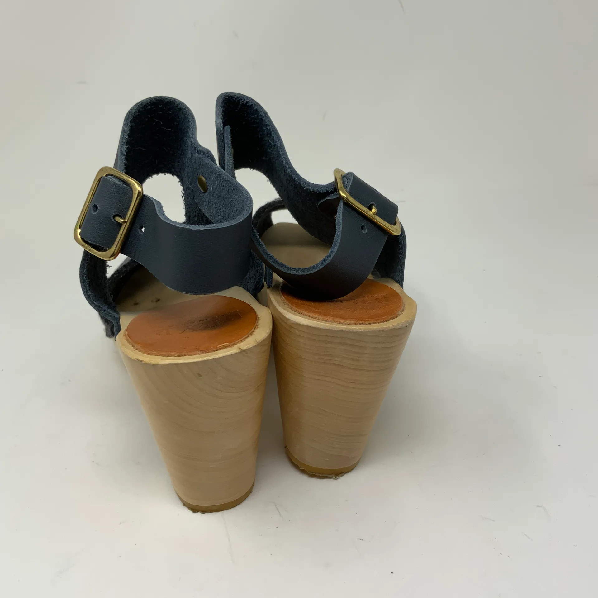 Bryr  Miranda Peep Toe Felt Fabric Leather Wood Platform High Heel Shoes Blue 8 - Image 4