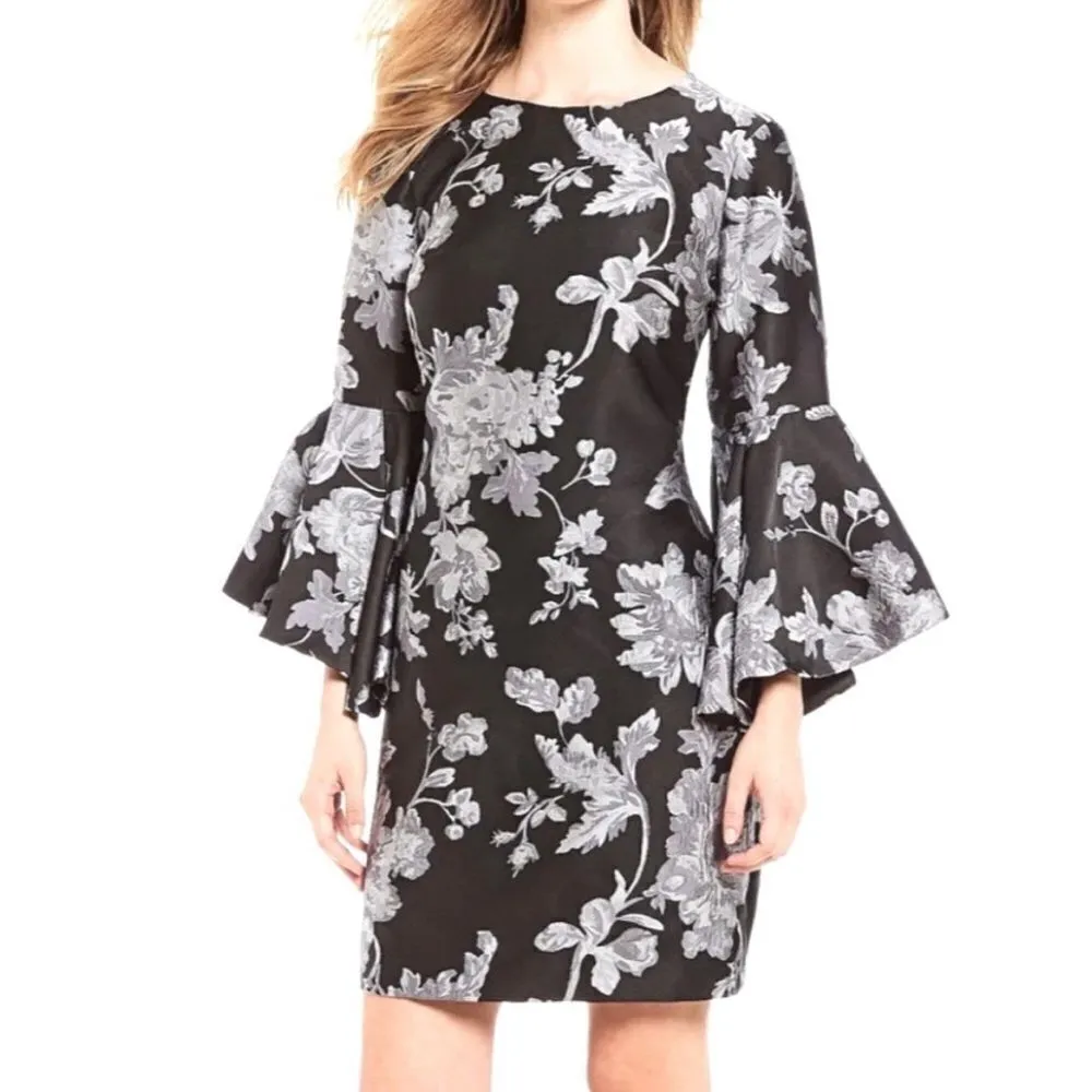 Belle Badgley Mischka Bell Sleeved black and grey floral Jacquard dress sz 6 - Image 4