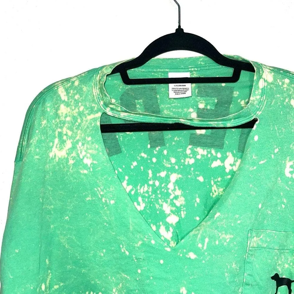 PINK Victoria’s Secret Tee Neon Green Yellow Tie Dye Crop V-neck - Image 3