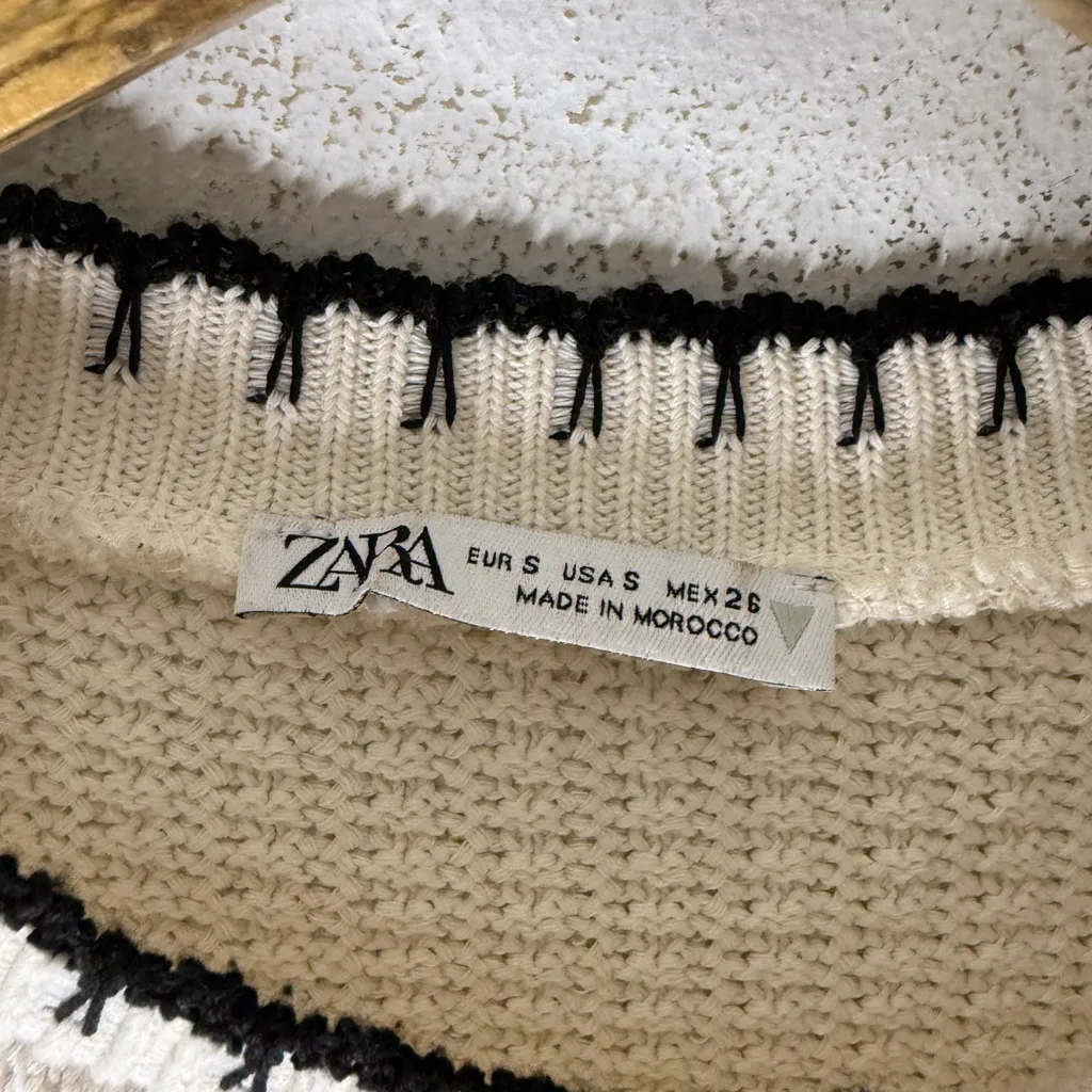 Zara Cropped Sleeveless Knit Chunky Sweater Cream‎ Black Trim Small - Image 3