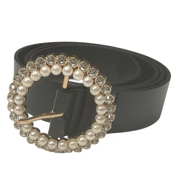 Black Belt Women's Size 14 Pearl Rhinestone Buckle Chic Fashion Accessory‎ - Image 3