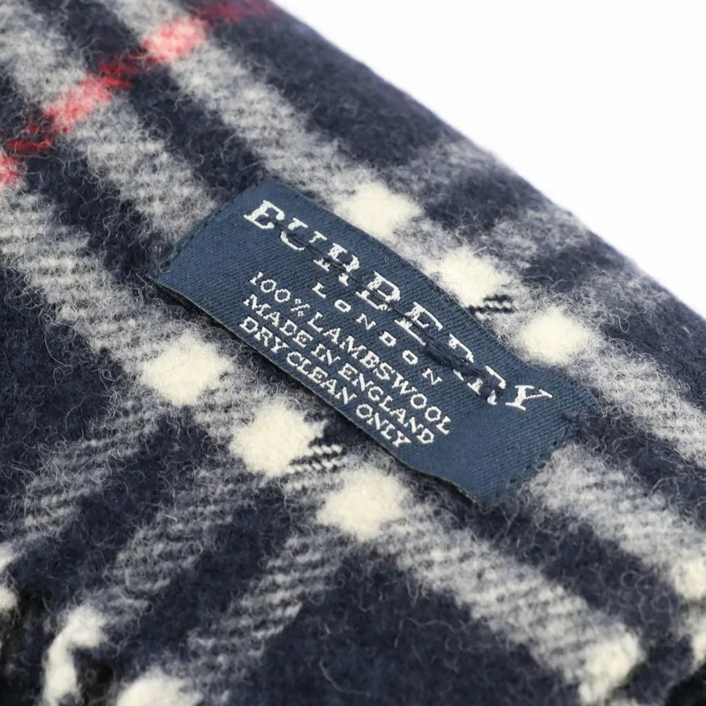 VINTAGE BURBERRY HOUSE CHECK BLUE, RED & WHITE LAMBSWOOL PLAID SCARF - Image 6