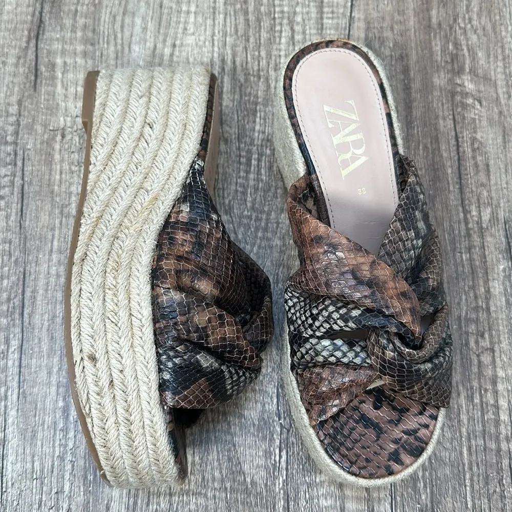 Zara Brown Snakeskin Jute Espadrille Platform Slide Sandals Sz 38 / 7.5 - Image 2