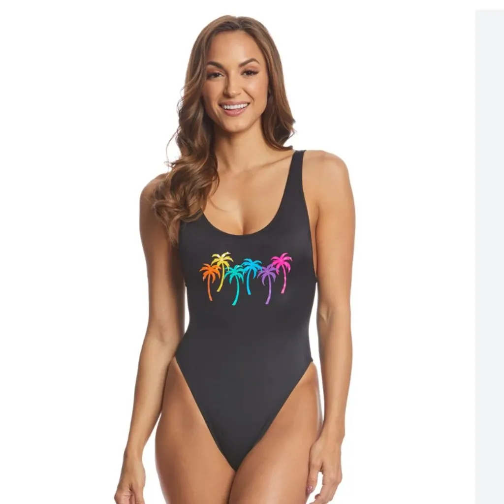 NWT Coco Rave Pamela High Leg One Piece Swimsuit Rainbow Palm Tree Medium - Image 7