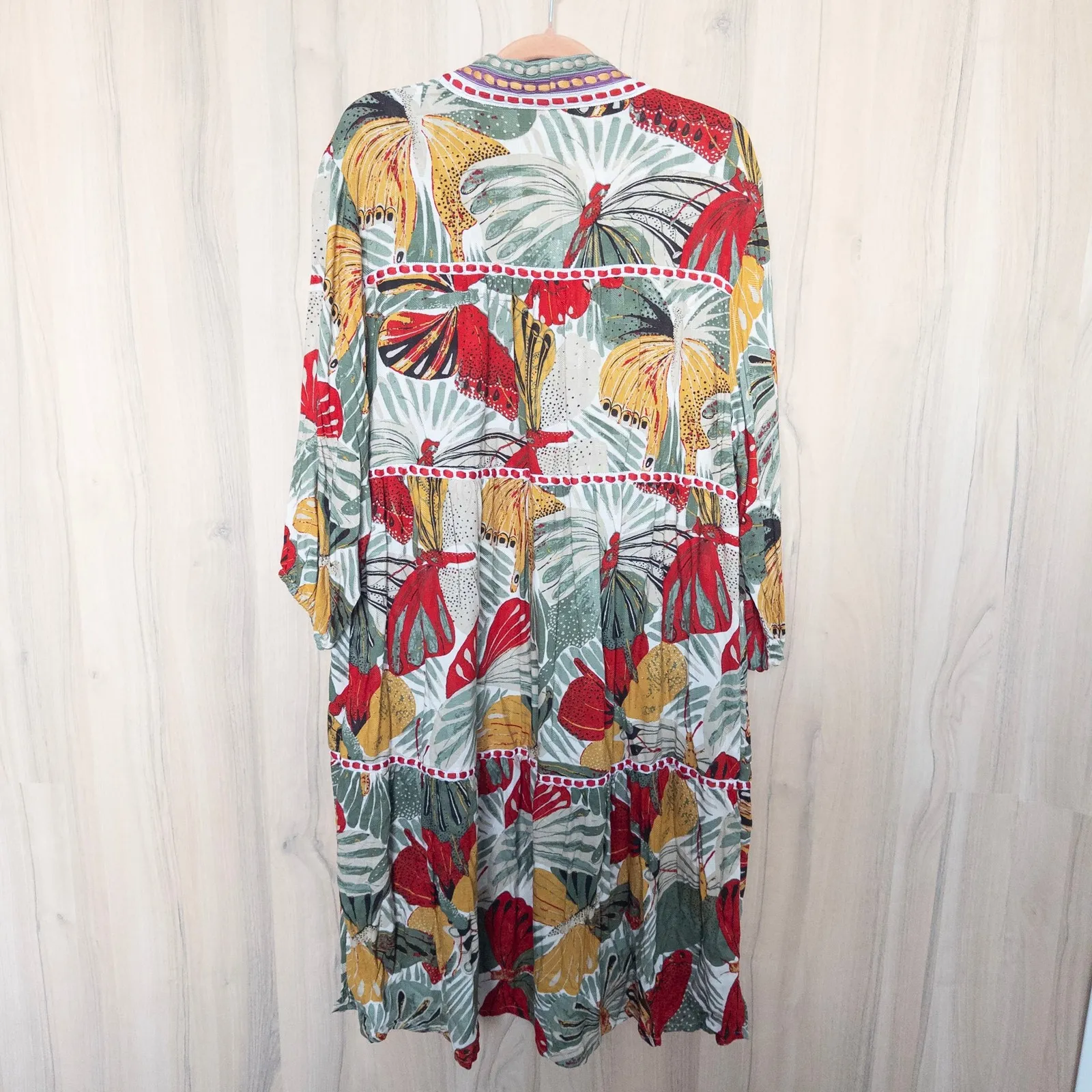 Womens Kimono Duster Size L Multicolor Embroidered Boho Floral Resort Tropical - Image 7