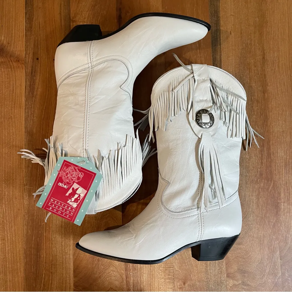 Deadstock NWT Vintage Acme White Leather Fringe Cowboy Boots Mid Calf Size 6.5 - Image 5