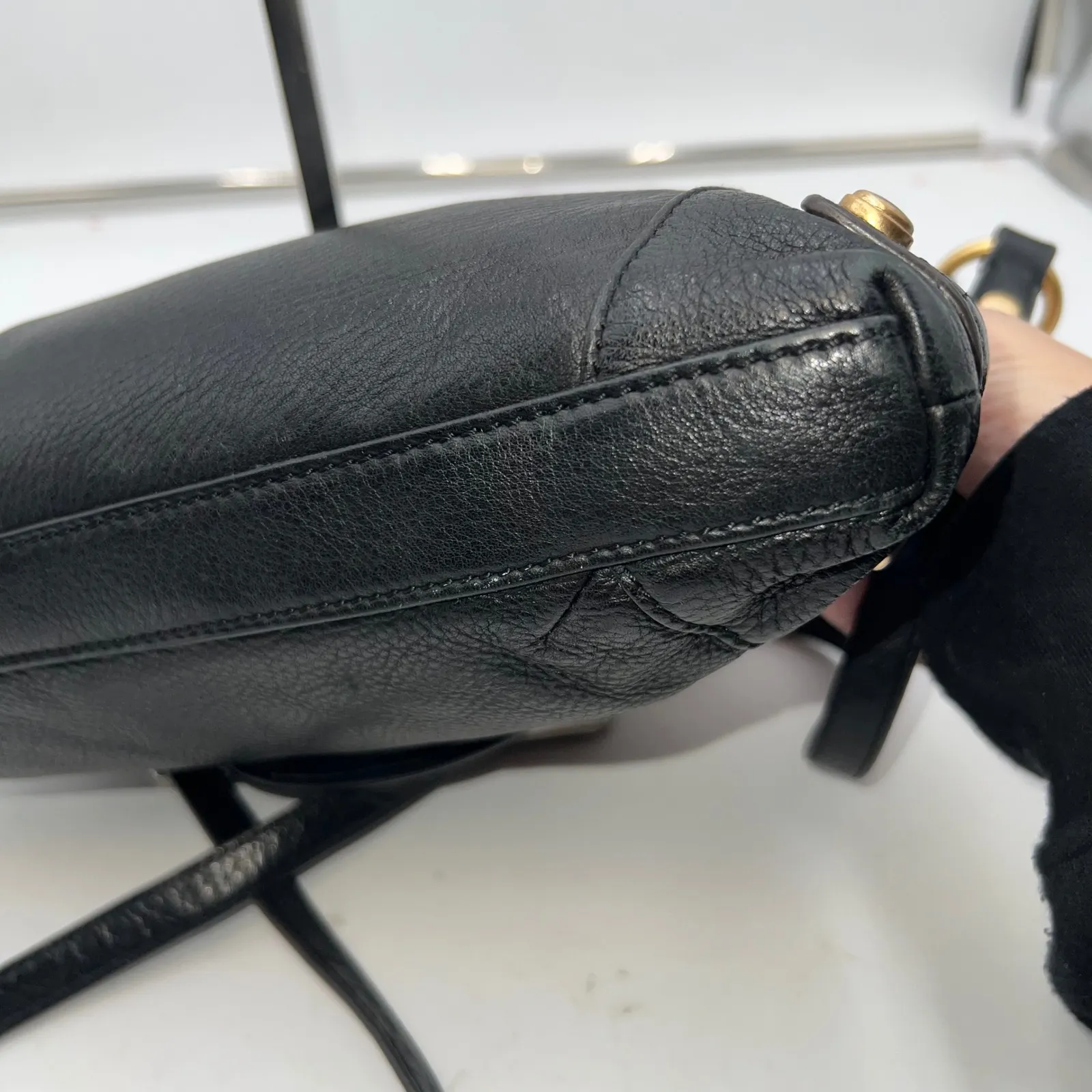 B Makowsky Black Leather Crossbody Bag Gold Hardware Leopard Print Lining - Image 10