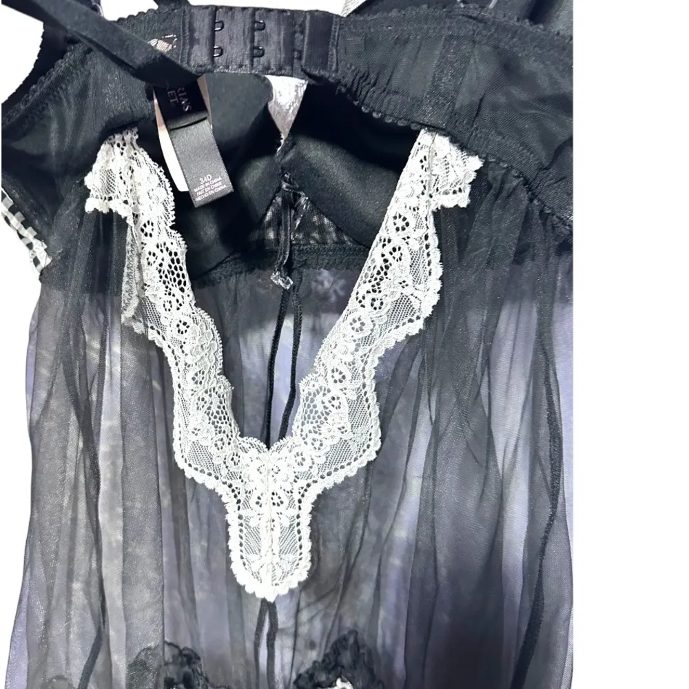 Victoria Secret Gingham Babydoll Sheer NWT Black White & Matching Thong 34D - Image 13