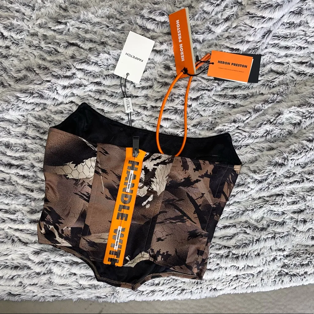 Heron Preston Camouflage Satin Corset Top H.W.C. Zip-Up Logo Tape Size 2 IT 38 - Image 13