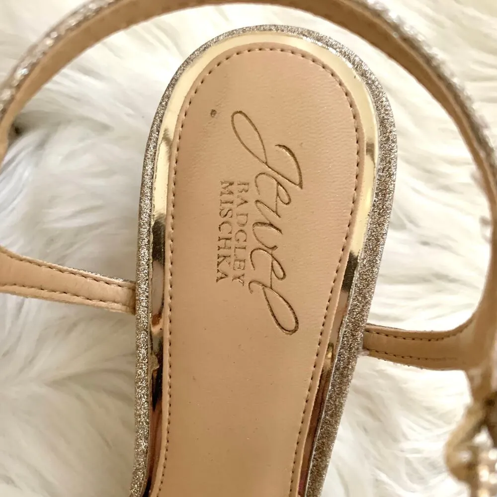 Badgley Mischka Omari Ankle Strap Criss Cross Heels in Glitter Gold - Image 7