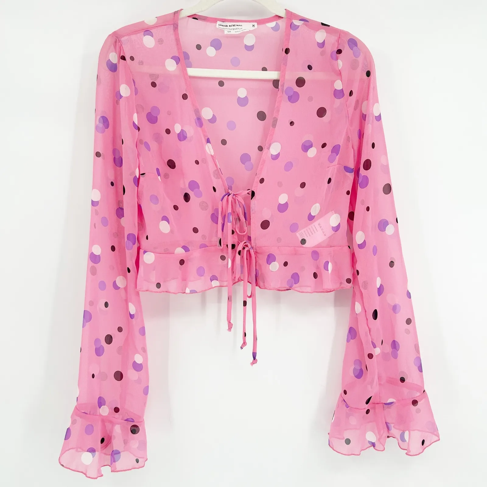 Urban Renewal UO Womens Polka Dot Tie Front Cropped Sheer Bell Sleeve Blouse S - Image 2