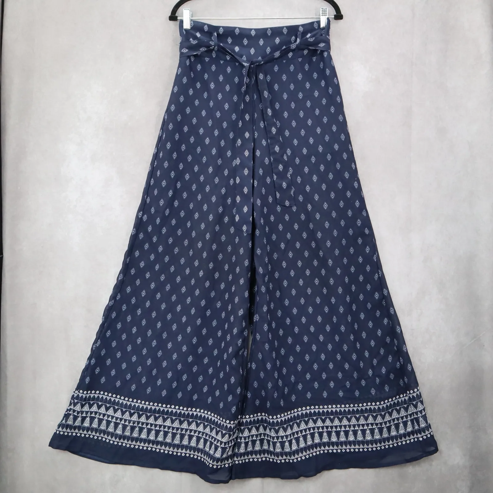 Truth NYC Blue Floral Belted Wide Leg Boho Pull On SheerTrousers Pant L Large - Image 2