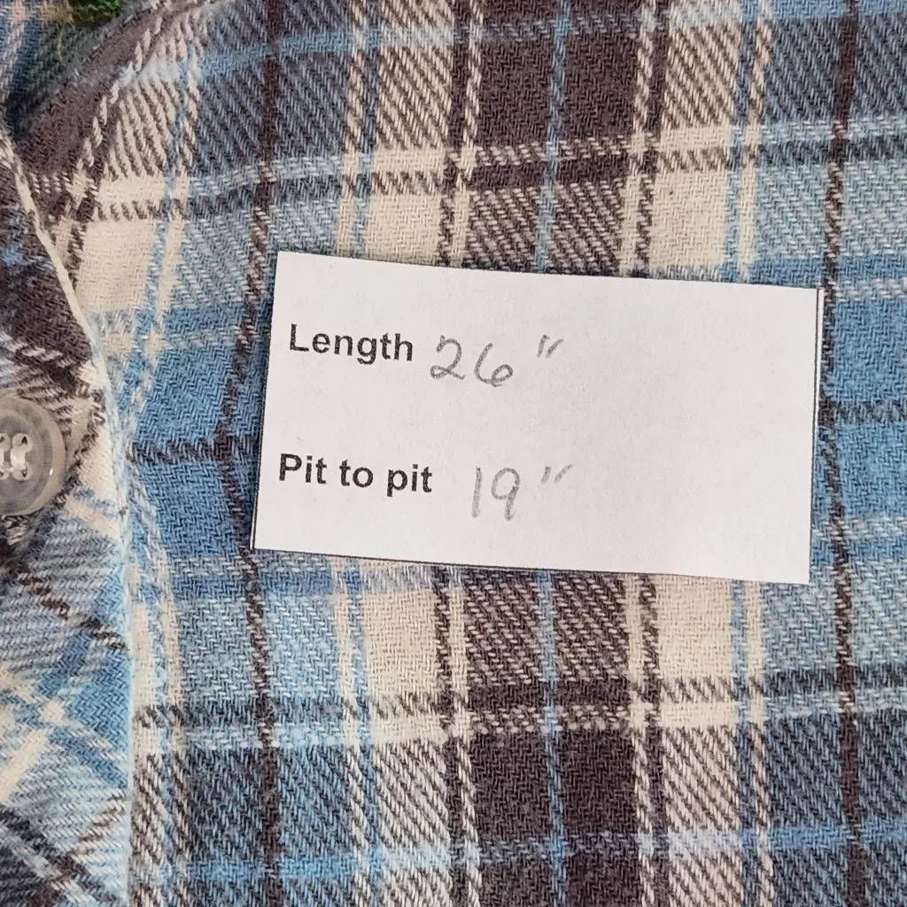 MM Vintage Gray and Blue Plaid Flannel Shirt with Embroidered Detail Size Medium - Image 9