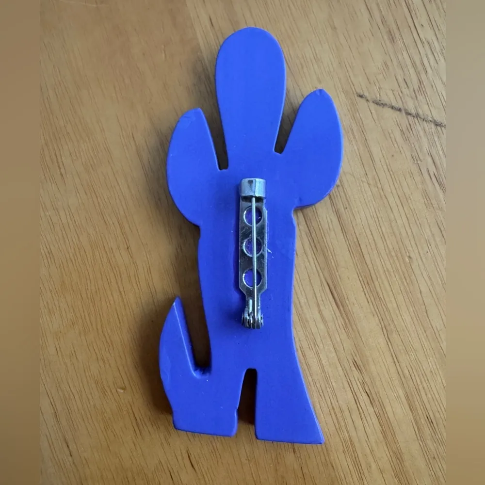 Wooden cactus coyote multicolored Navajo pin brooch Blue - Image 2