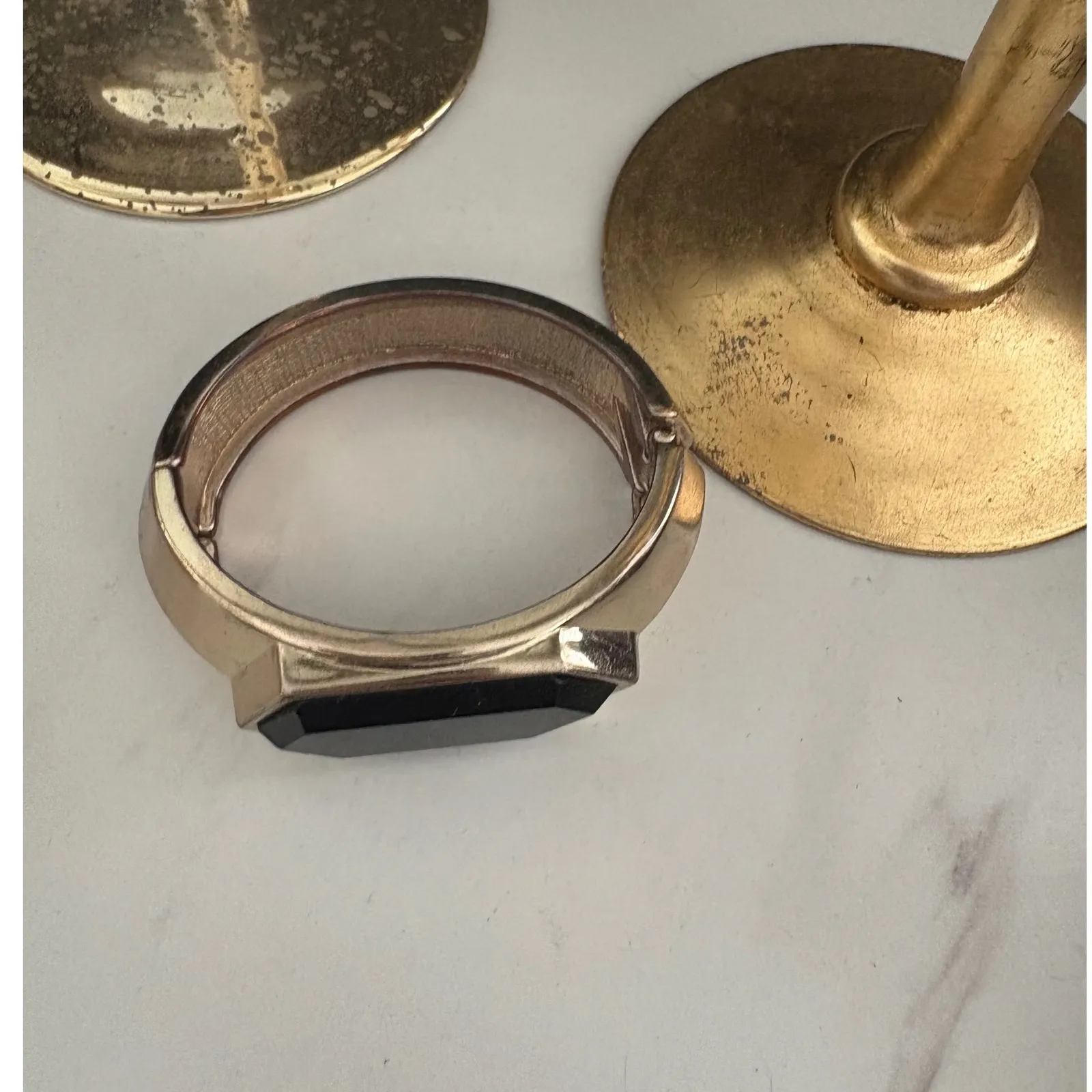 Gold Tone Cuff‎ Bracelet Black Geometric Stone Hinged Bangle Fashion Jewelry y2k - Image 2