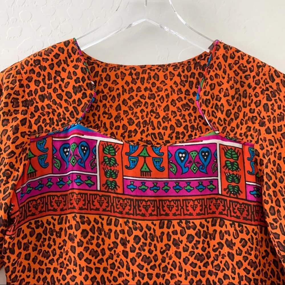 Fun Colorful Leopard Silky Tunic Bell Sleeve African Ethnic Tribal XS Orange - Image 8